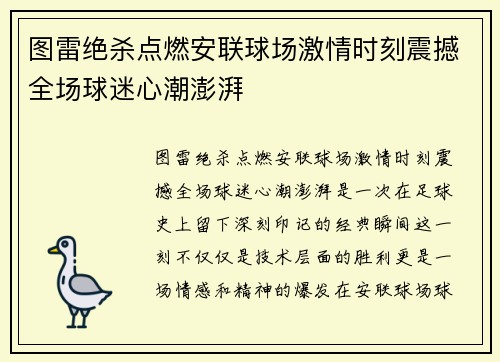 图雷绝杀点燃安联球场激情时刻震撼全场球迷心潮澎湃 图雷绝杀点燃安联球场激情时刻震撼全场球迷心潮澎湃