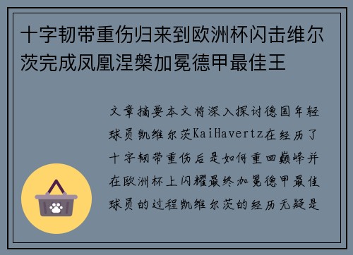 十字韧带重伤归来到欧洲杯闪击维尔茨完成凤凰涅槃加冕德甲最佳王
